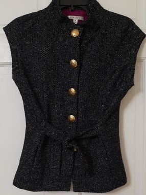 CAbi Black Tweed Vest with Gold Buttons and Waist Tie